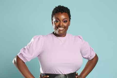 A portrait of Sharee Silerio, a Black woman with short curly hair, in front of a teal background.